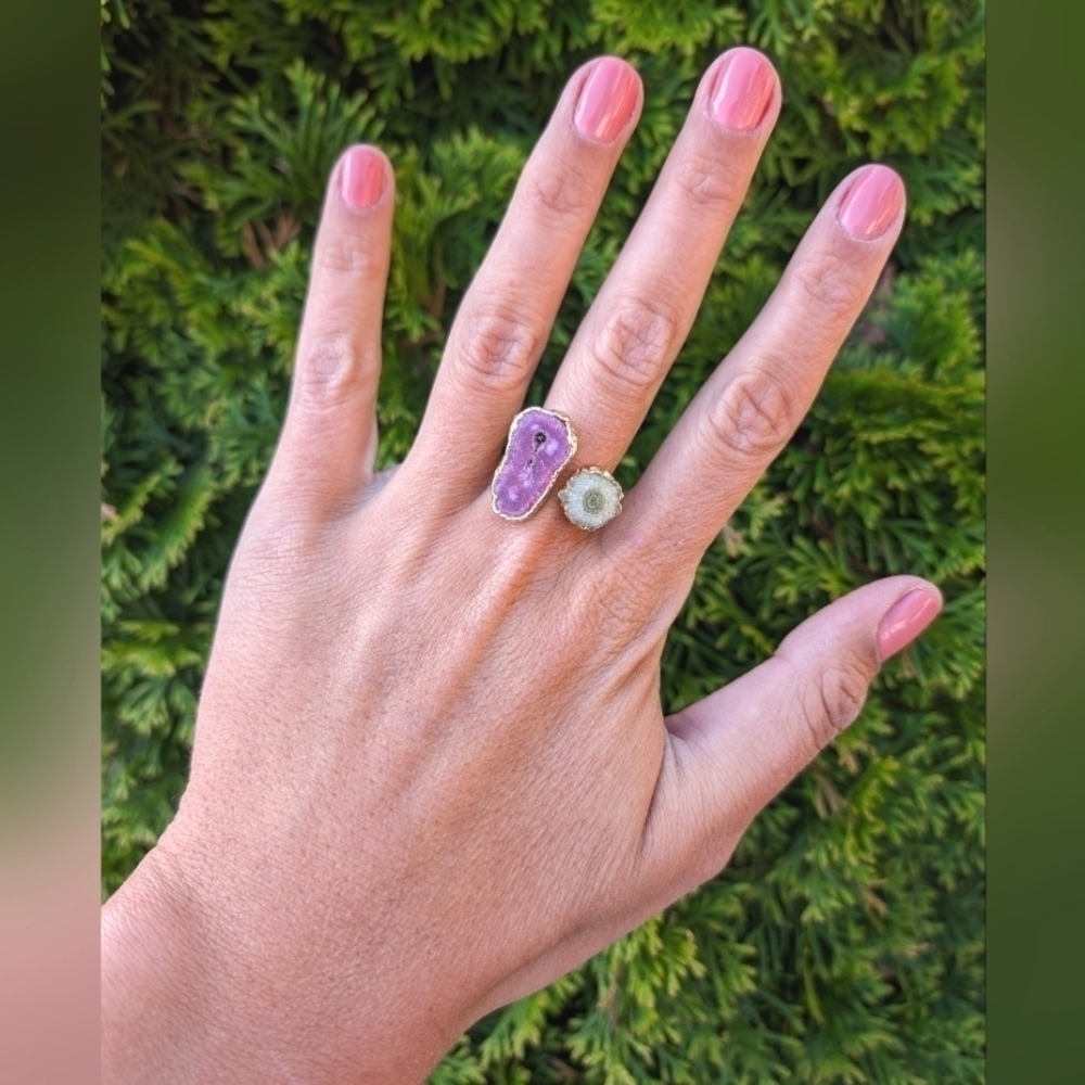 Artisan Handmade In Morocco Adjustable Boho Chic Double Geode Gold Ring Size 11